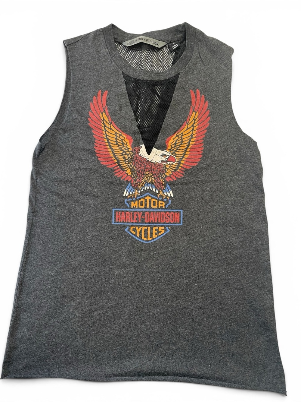 Harley-Davidson Dark Gray Eagle Graphic Tank. Mesh at Neckline. Raw Hems Size S
